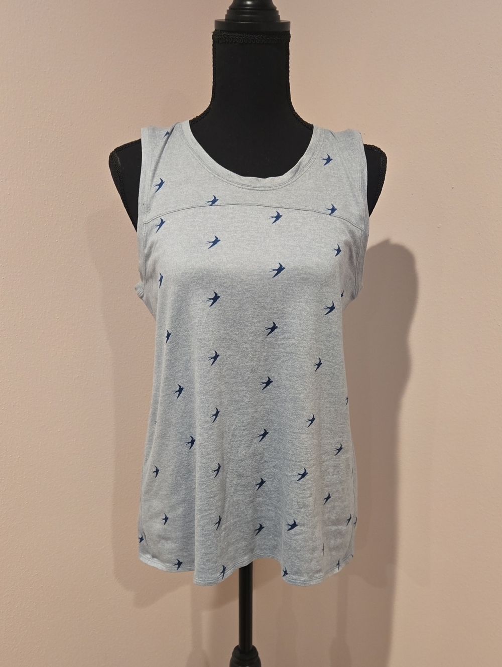 oiselle Light Blue Tank with Navy Bird Print